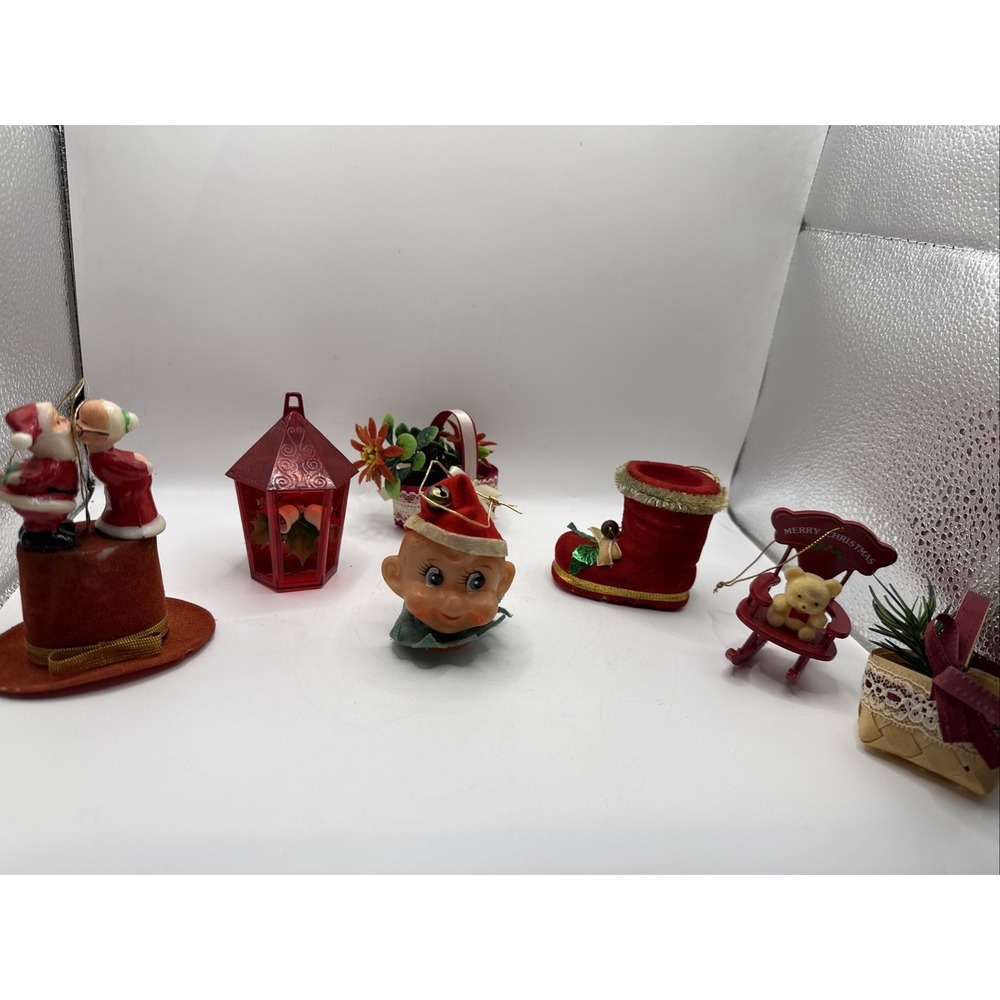 Misc. VTG Christmas Tree Decorations Flocked Boot, Pixie Elf, Kissing Santa, Etc